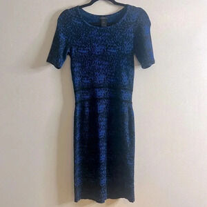 Ann Taylor Fitted Black & Blue Mini Fitted Sweater Dress w/ Waist Detail Small